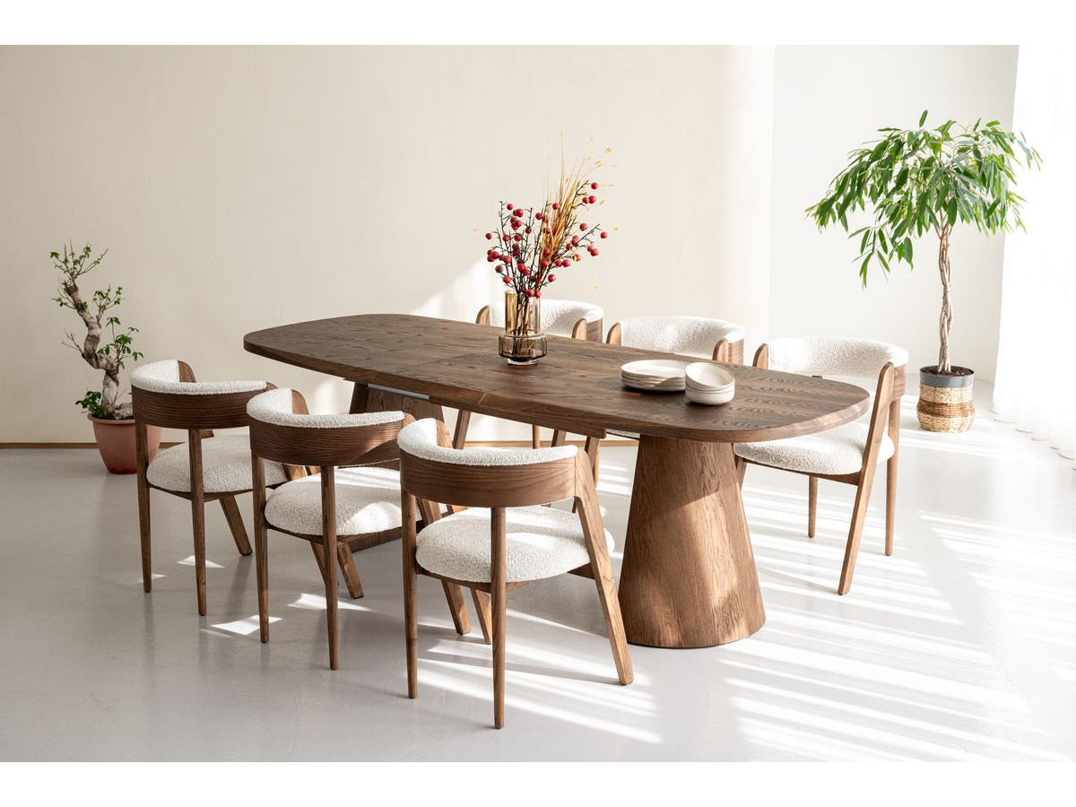 MAZARGUES set met uitschuifbare eettafel 200 tot 300 cm + 6 BASTIDE stoelen in massief eiken fineer