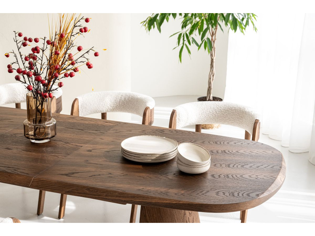 MAZARGUES set met uitschuifbare eettafel 200 tot 300 cm + 6 BASTIDE stoelen in massief eiken fineer