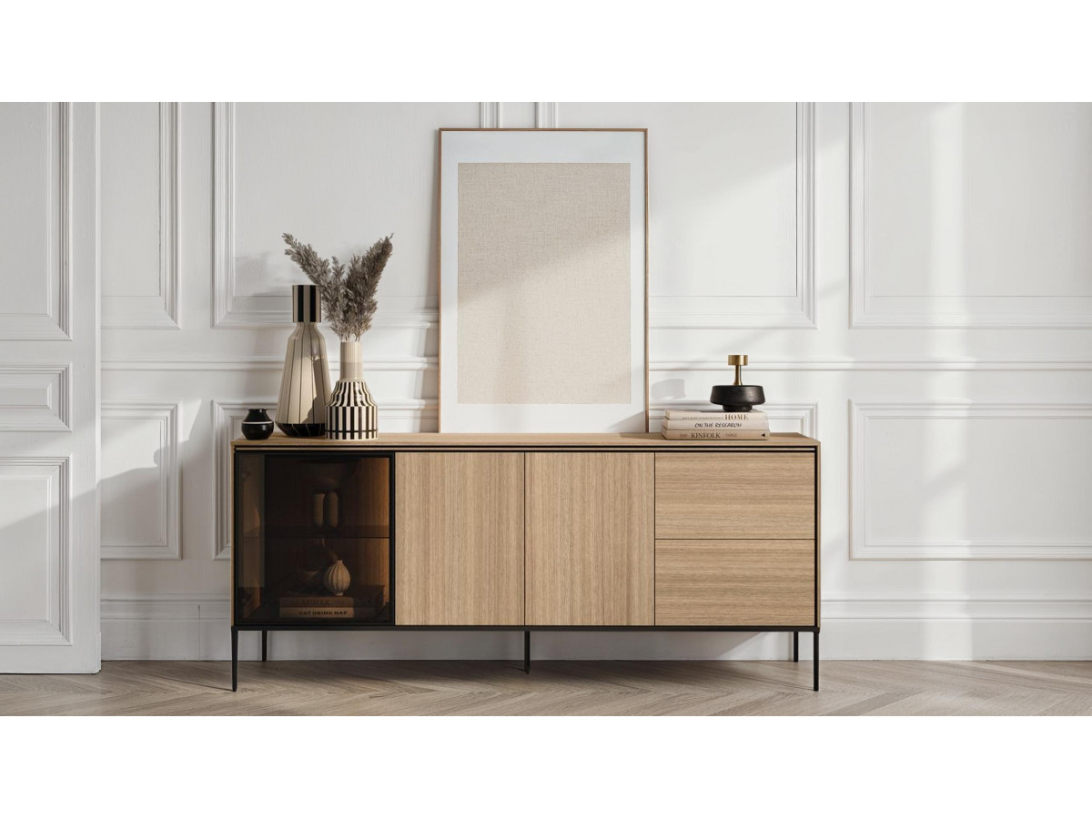 Buffet 3 portes 2 tiroirs 200 cm VERONA effet chêne et verre fumé avec LEDS