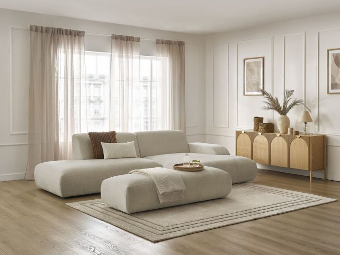 Canapé d'angle fixe SIRIUS tissu texturé avec grand pouf