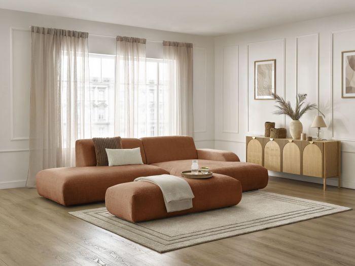 Canapé d'angle fixe SIRIUS tissu texturé avec grand pouf