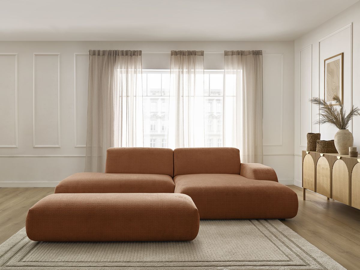 Canapé d'angle SIRIUS texturé avec grand pouf orange — vue 5