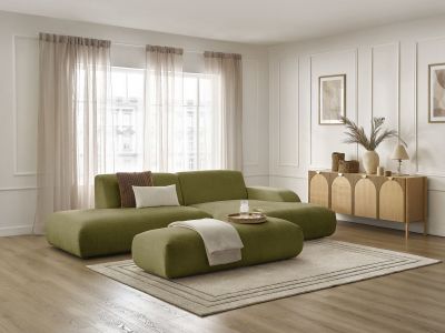 Canapé d'angle fixe SIRIUS tissu texturé avec grand pouf