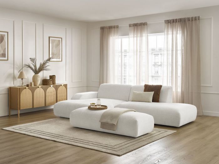 Canapé d'angle fixe SIRIUS tissu texturé avec grand pouf