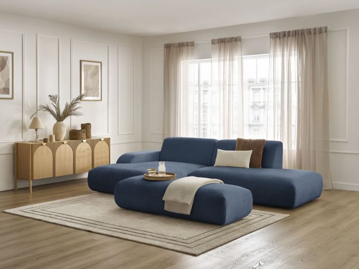 Canapé d'angle fixe SIRIUS tissu texturé avec grand pouf