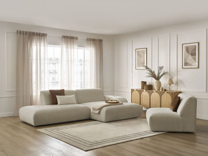 Canapé d'angle fixe modulable SIRIUS tissu texturé avec 1 chauffeuse