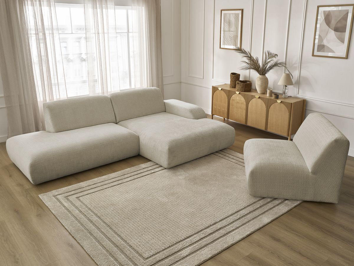 Canapé d'angle fixe modulable SIRIUS tissu texturé avec 1 chauffeuse
