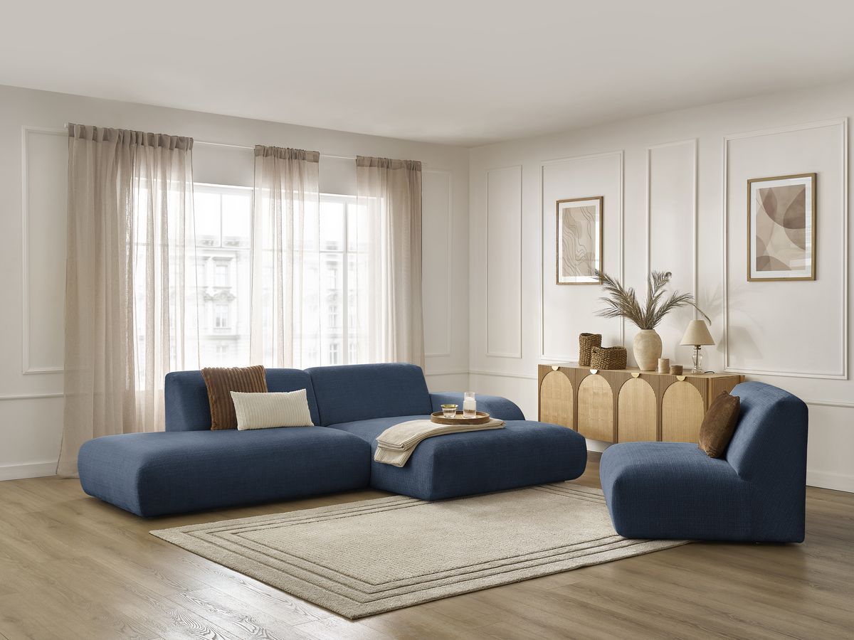 Canapé d'angle fixe modulable SIRIUS tissu texturé avec 1 chauffeuse