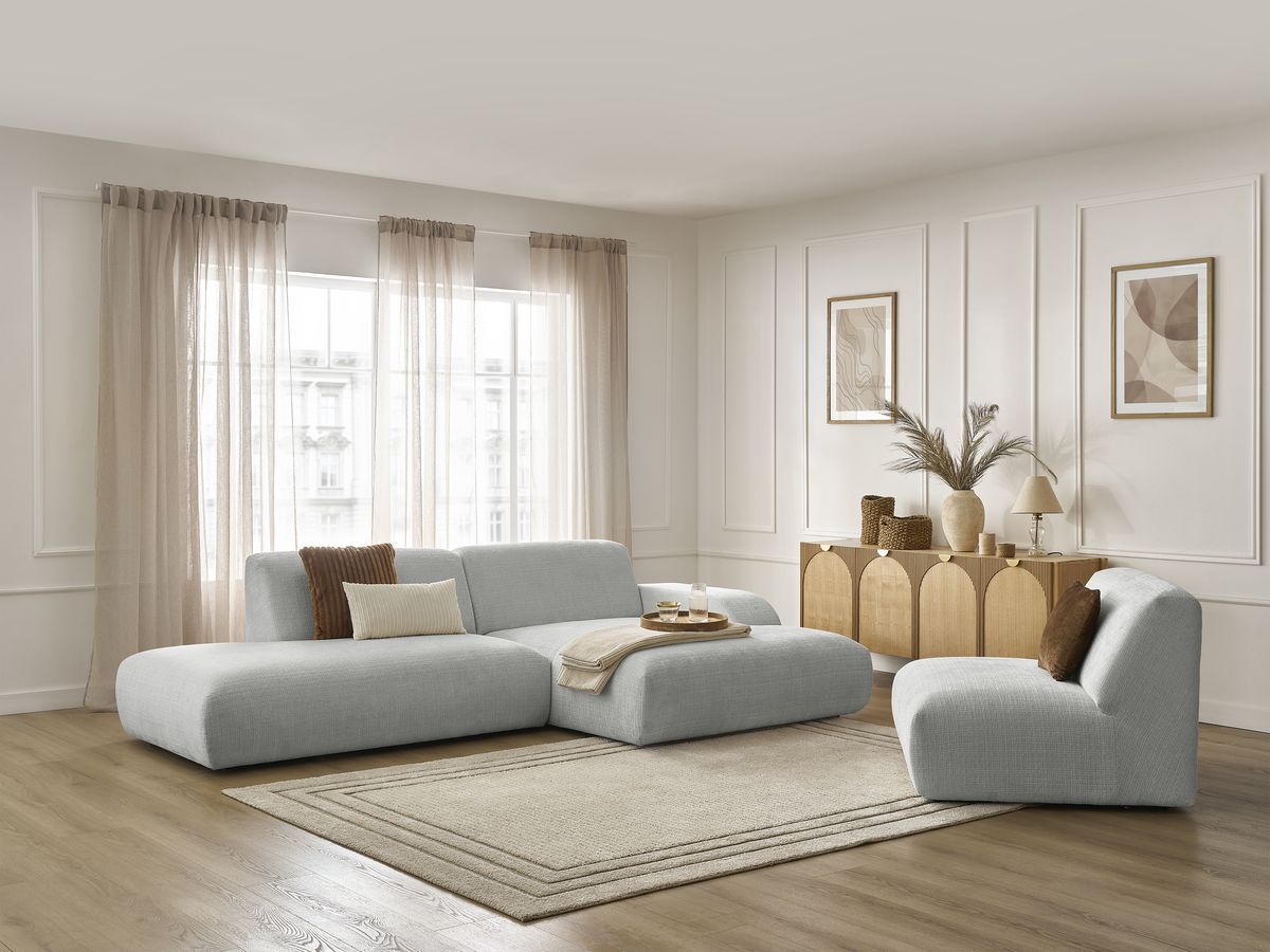 Canapé d'angle fixe modulable SIRIUS tissu texturé avec 1 chauffeuse
