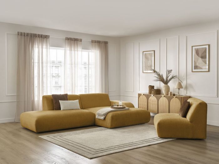 Canapé d'angle fixe modulable SIRIUS tissu texturé avec 1 chauffeuse