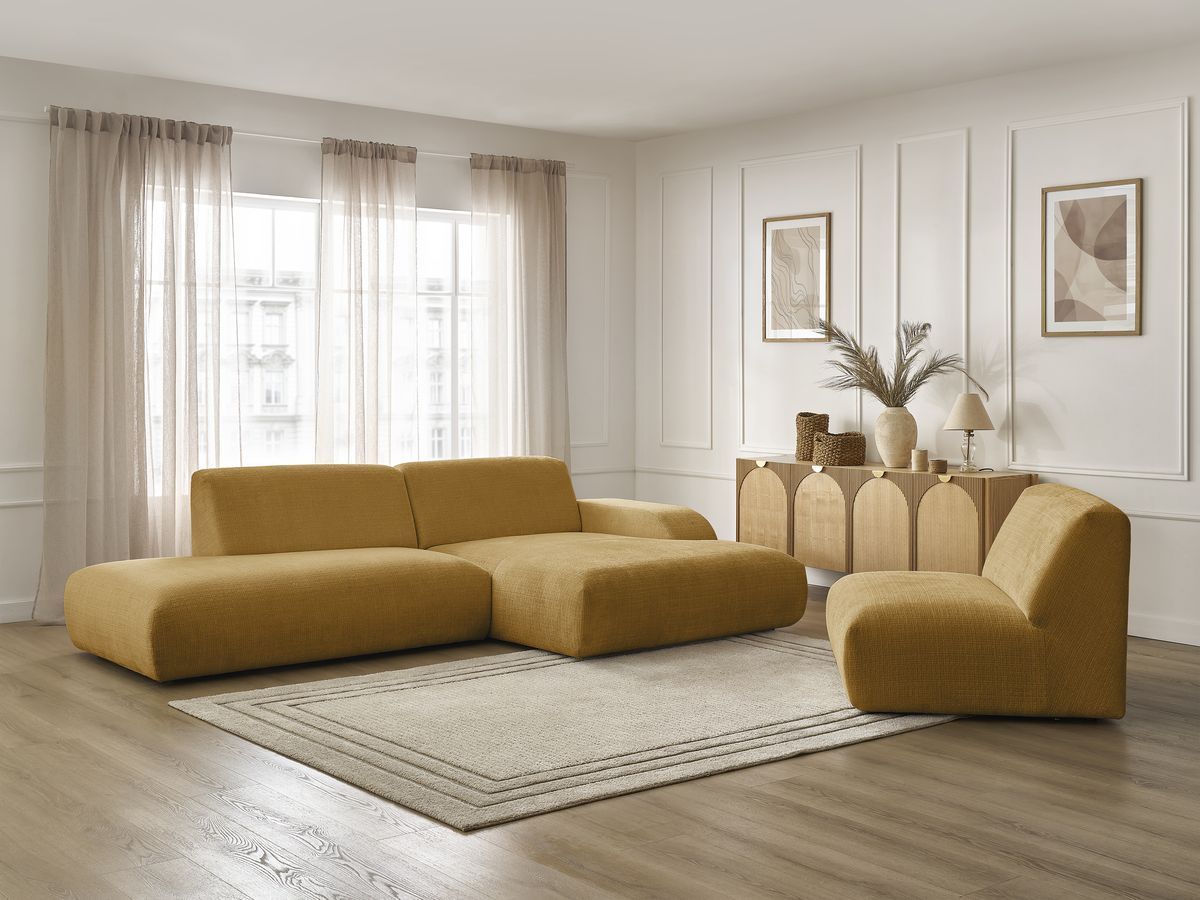 Canapé d'angle fixe modulable SIRIUS tissu texturé avec 1 chauffeuse