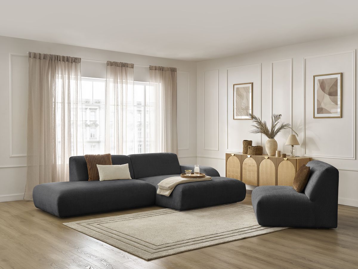 Canapé d'angle fixe modulable SIRIUS tissu texturé avec 1 chauffeuse