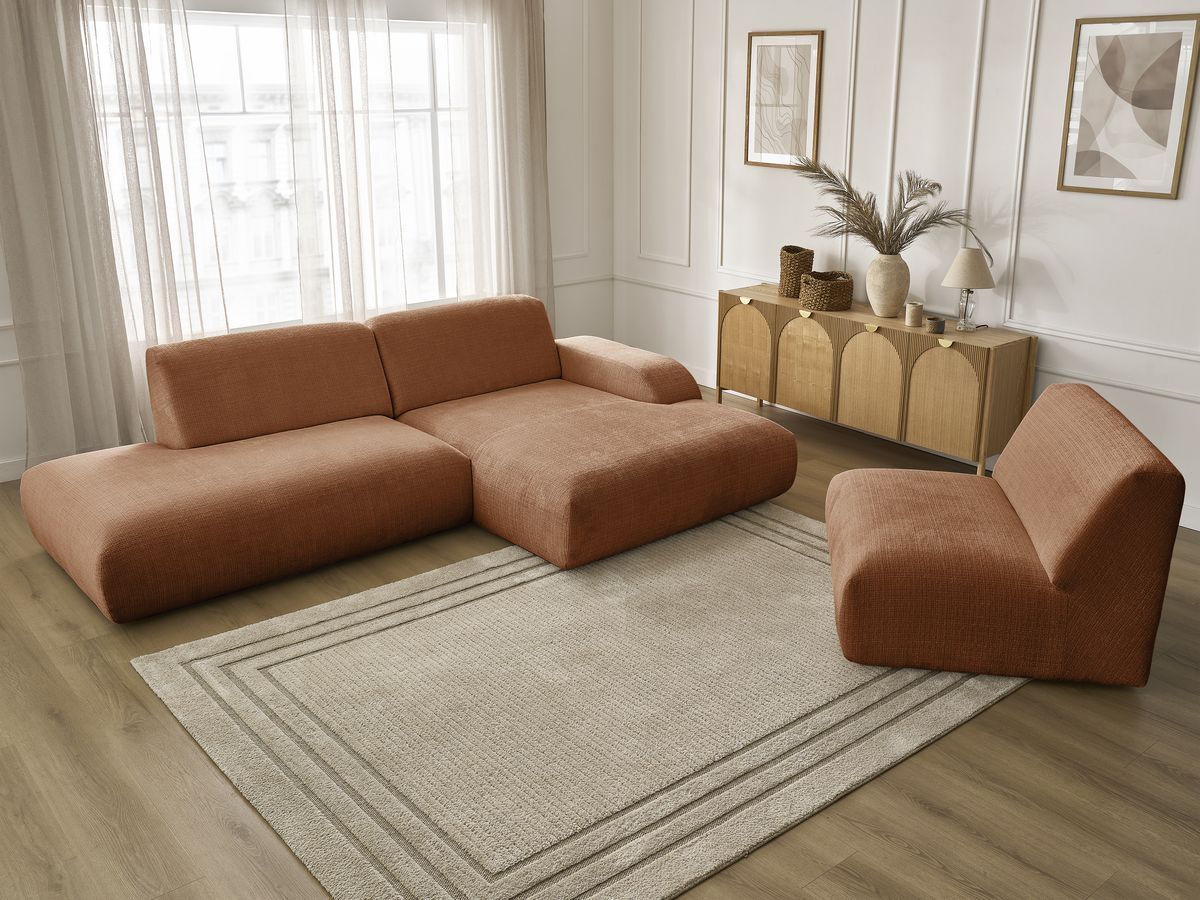 Canapé d'angle fixe modulable SIRIUS tissu texturé avec 1 chauffeuse