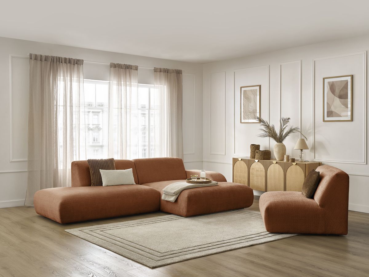 Canapé d'angle fixe modulable SIRIUS tissu texturé avec 1 chauffeuse