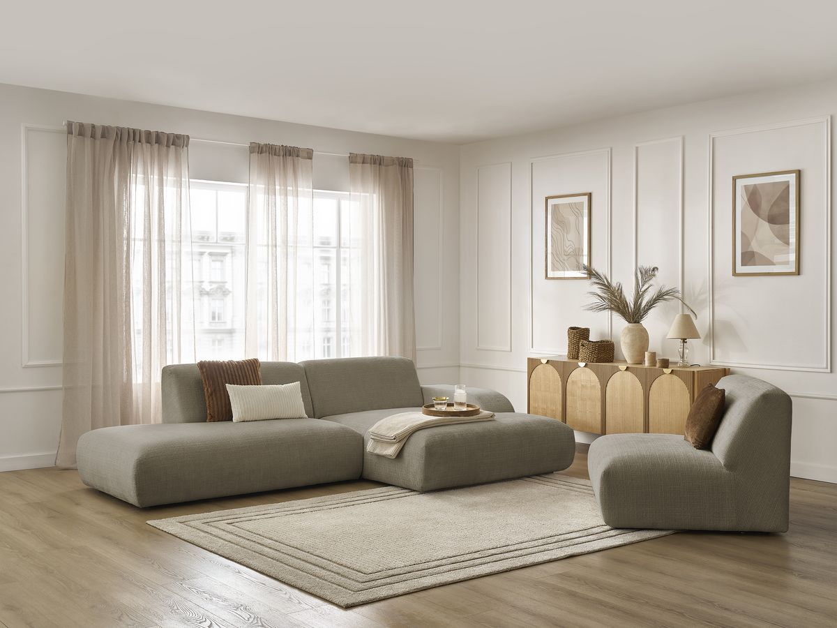 Canapé d'angle fixe modulable SIRIUS tissu texturé avec 1 chauffeuse