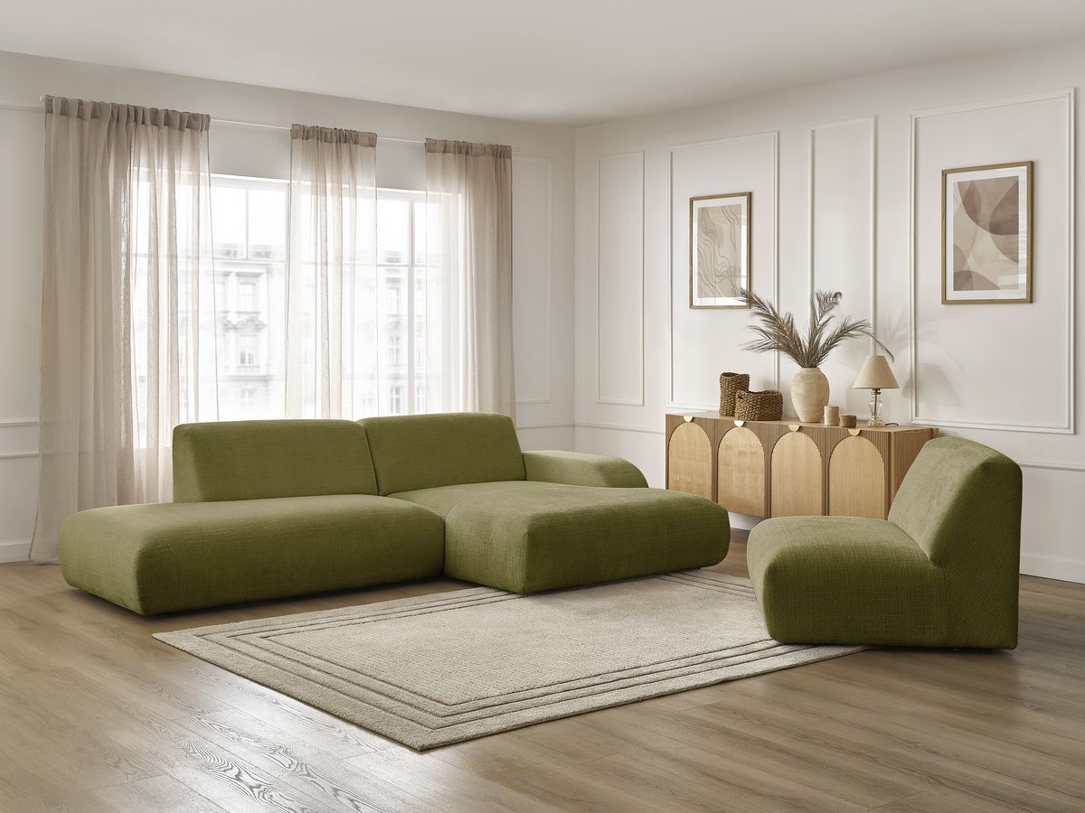 Canapé d'angle fixe modulable SIRIUS tissu texturé avec 1 chauffeuse