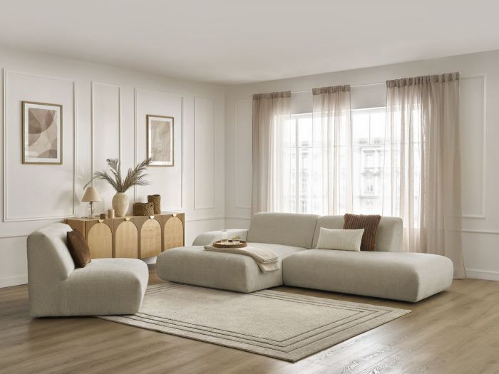 Canapé d'angle fixe modulable SIRIUS tissu texturé avec 1 chauffeuse