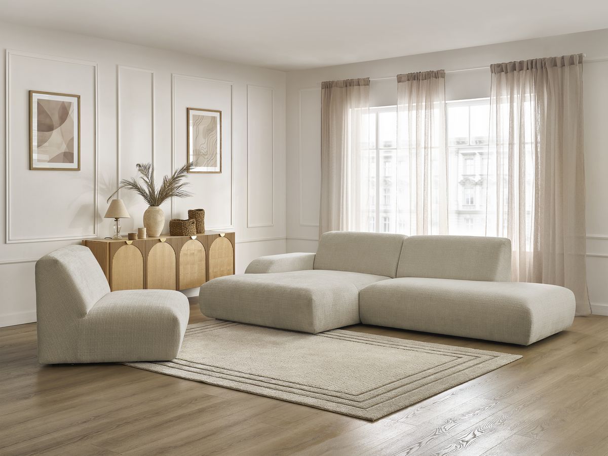 Canapé d'angle fixe modulable SIRIUS tissu texturé avec 1 chauffeuse
