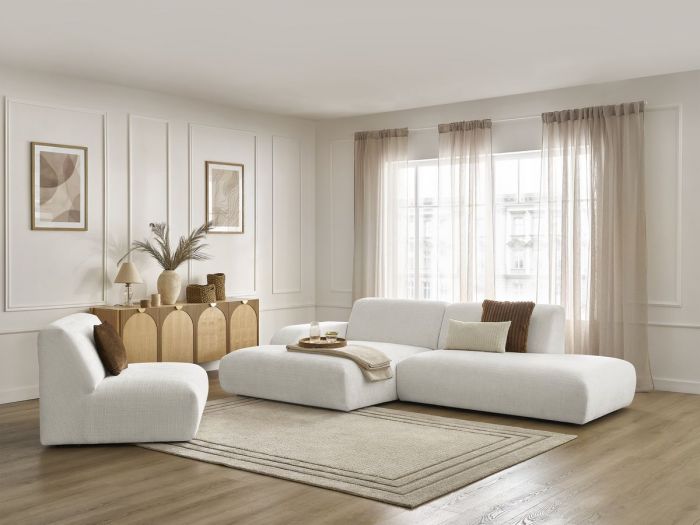 Canapé d'angle fixe modulable SIRIUS tissu texturé avec 1 chauffeuse