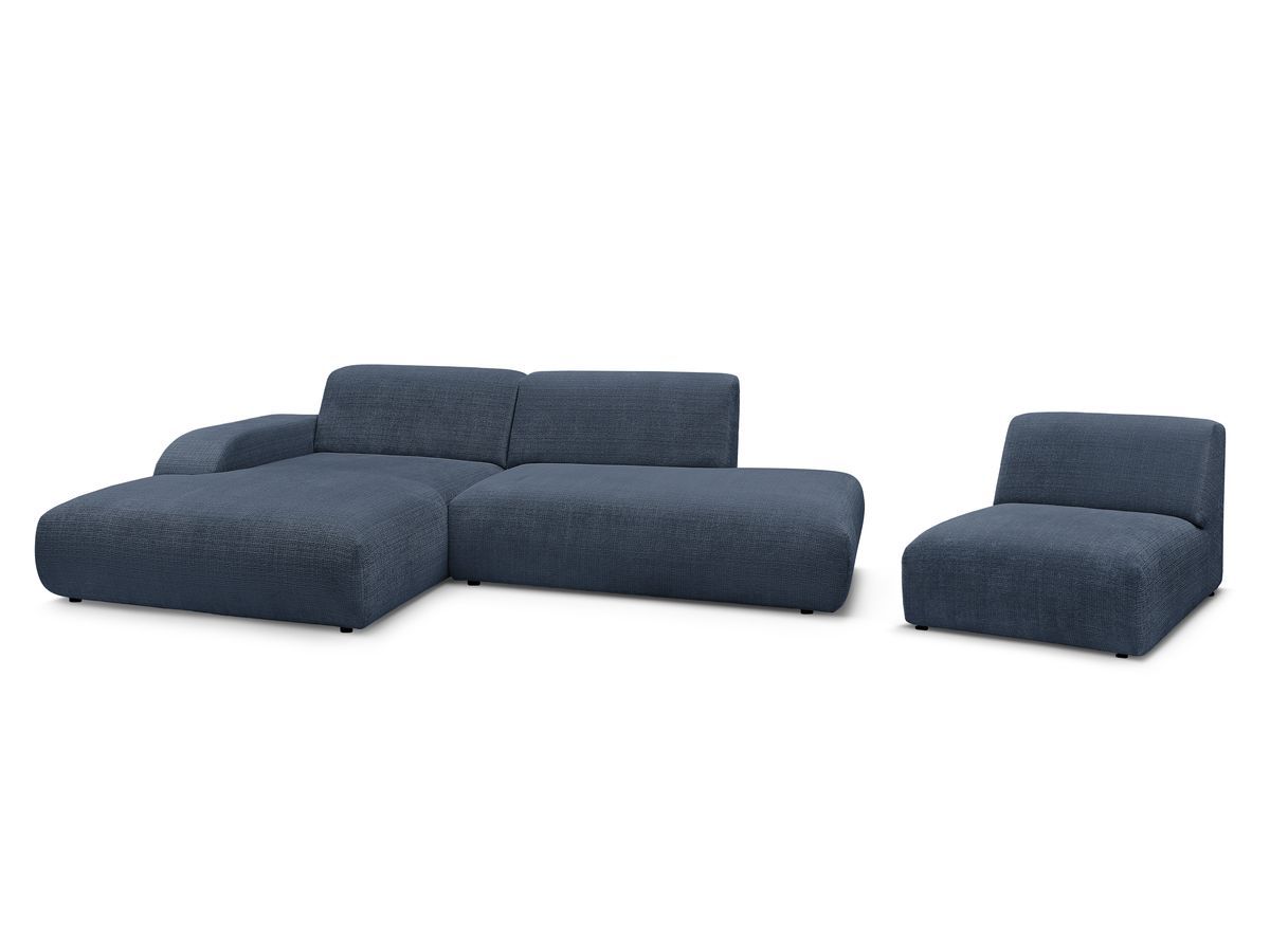 canapé d'angle fixe modulable sirius tissu texturé avec 1 chauffeuse de couleur bleu foncé