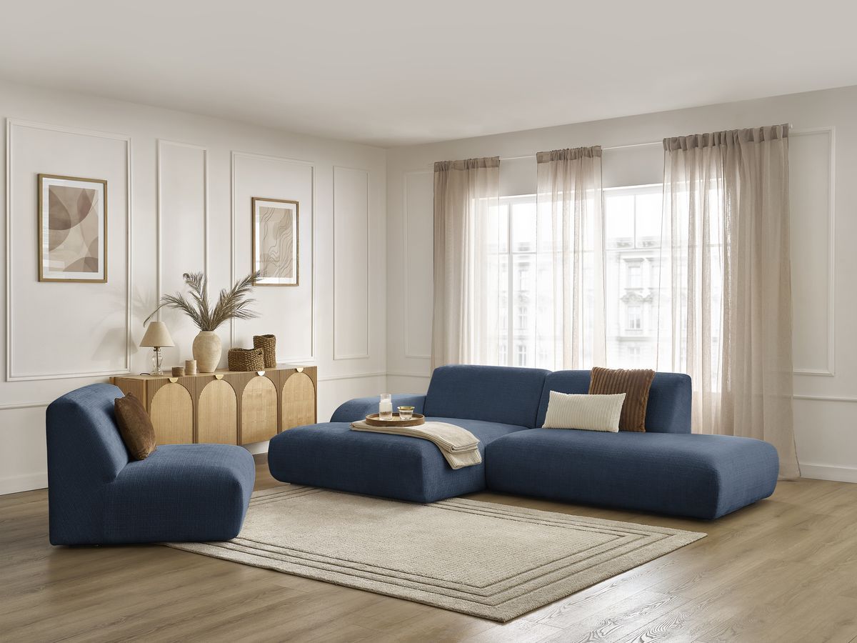 Canapé d'angle fixe modulable SIRIUS tissu texturé avec 1 chauffeuse