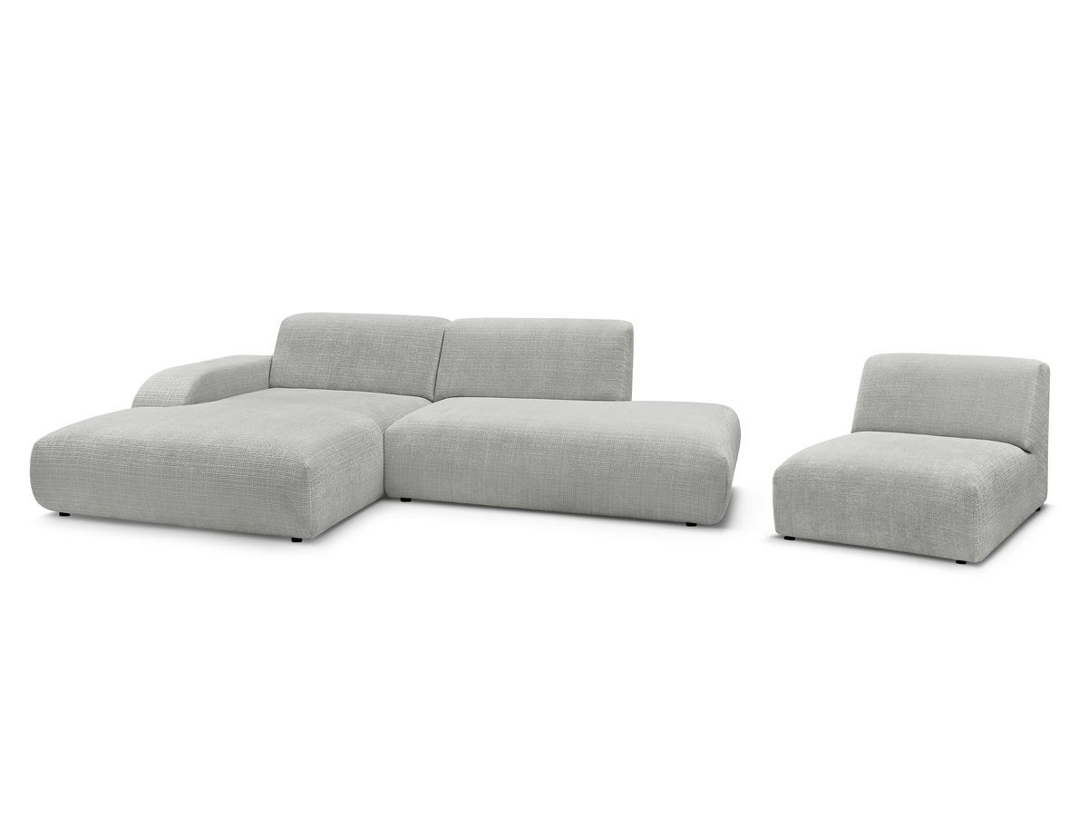 canapé d'angle fixe modulable sirius tissu texturé avec 1 chauffeuse de couleur gris clair