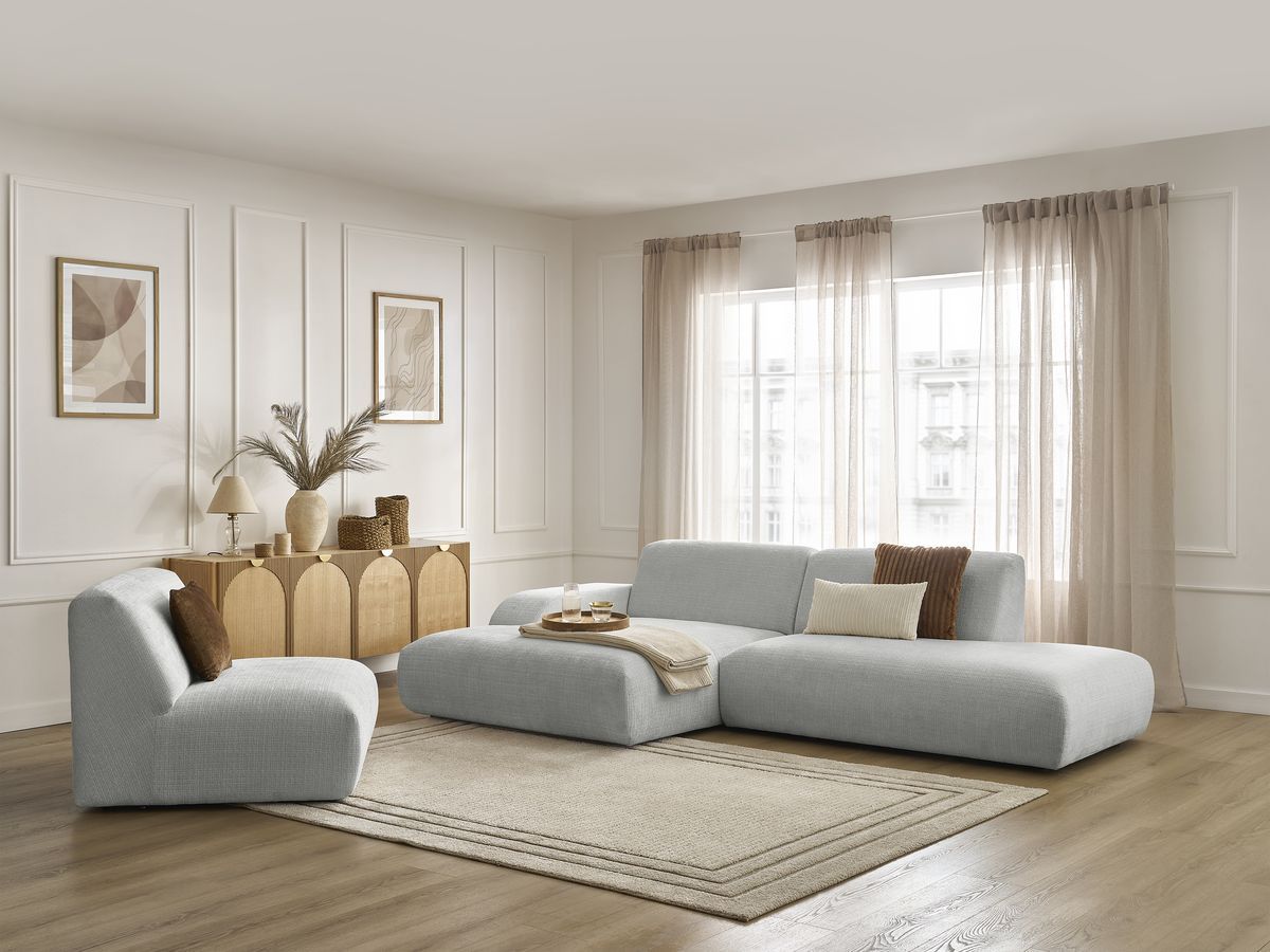 Canapé d'angle fixe modulable SIRIUS tissu texturé avec 1 chauffeuse