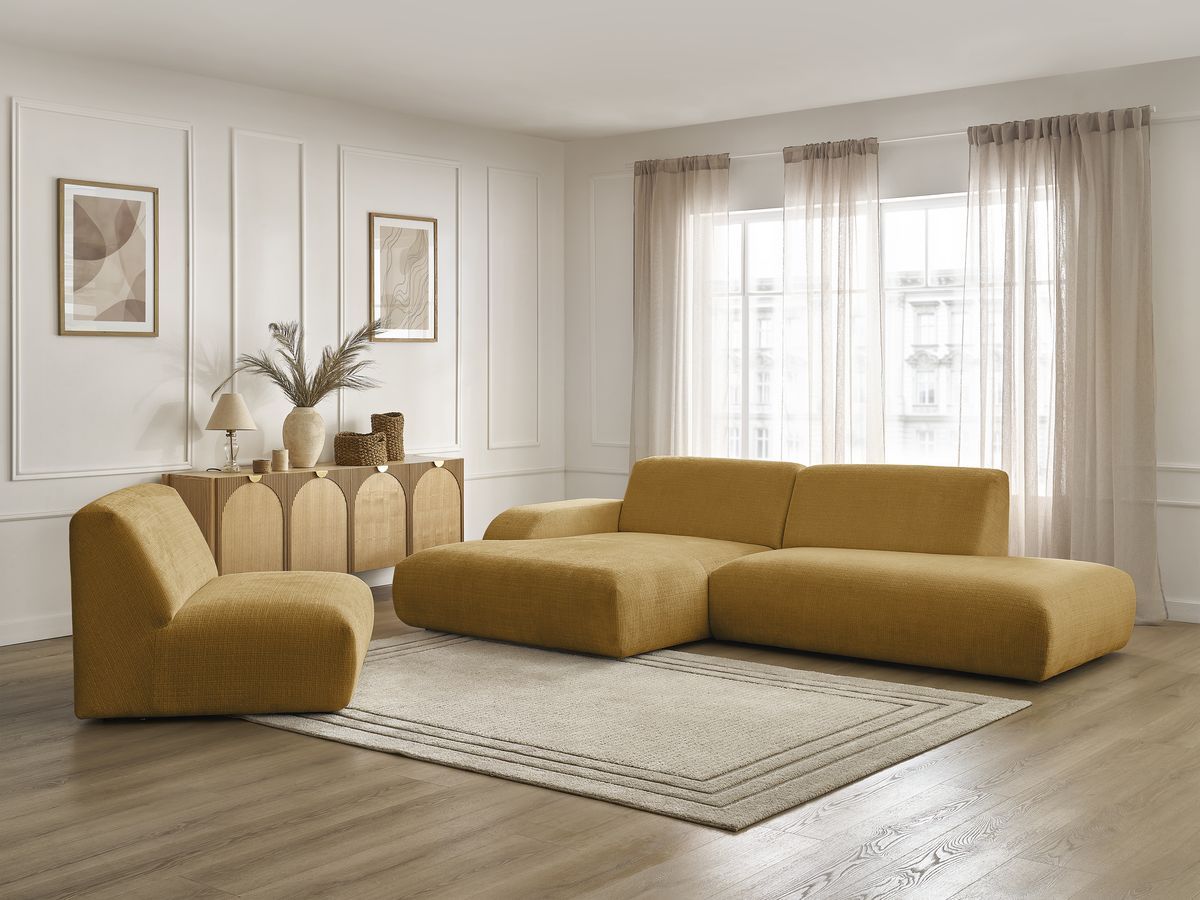 Canapé d'angle fixe modulable SIRIUS tissu texturé avec 1 chauffeuse