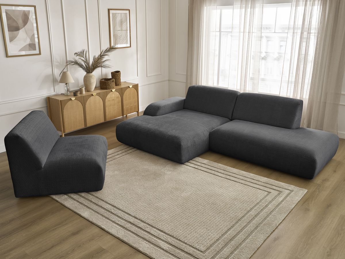 Canapé d'angle fixe modulable SIRIUS tissu texturé avec 1 chauffeuse