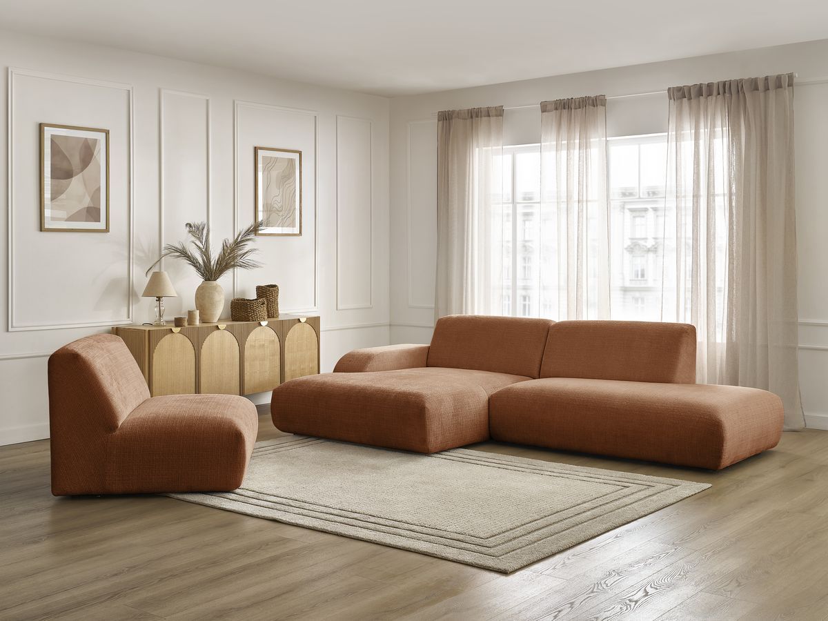 Canapé d'angle fixe modulable SIRIUS tissu texturé avec 1 chauffeuse