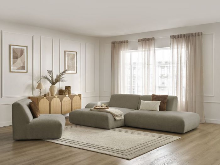 Canapé d'angle fixe modulable SIRIUS tissu texturé avec 1 chauffeuse