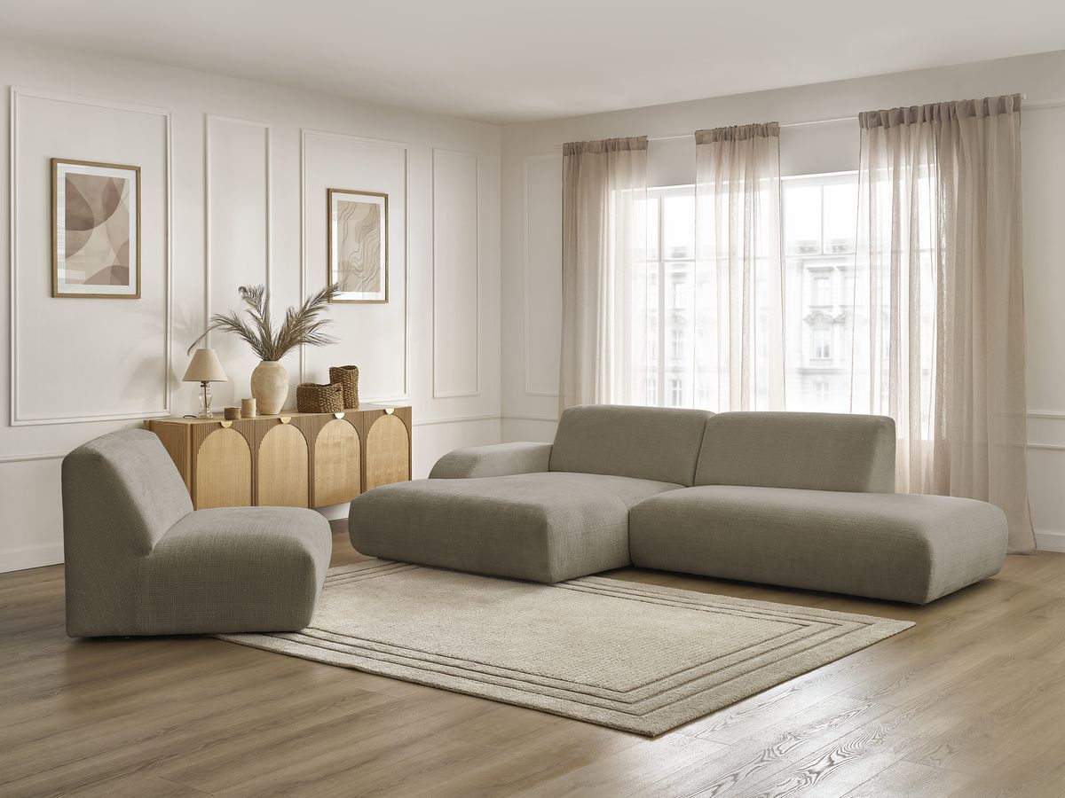 Canapé d'angle fixe modulable SIRIUS tissu texturé avec 1 chauffeuse