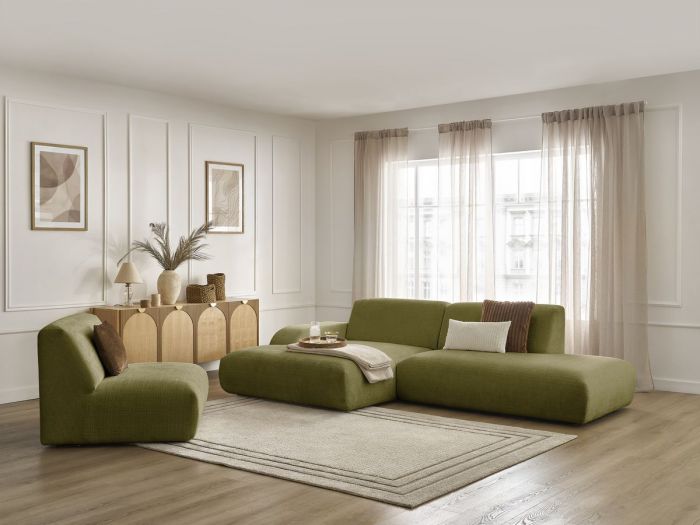 Canapé d'angle fixe modulable SIRIUS tissu texturé avec 1 chauffeuse