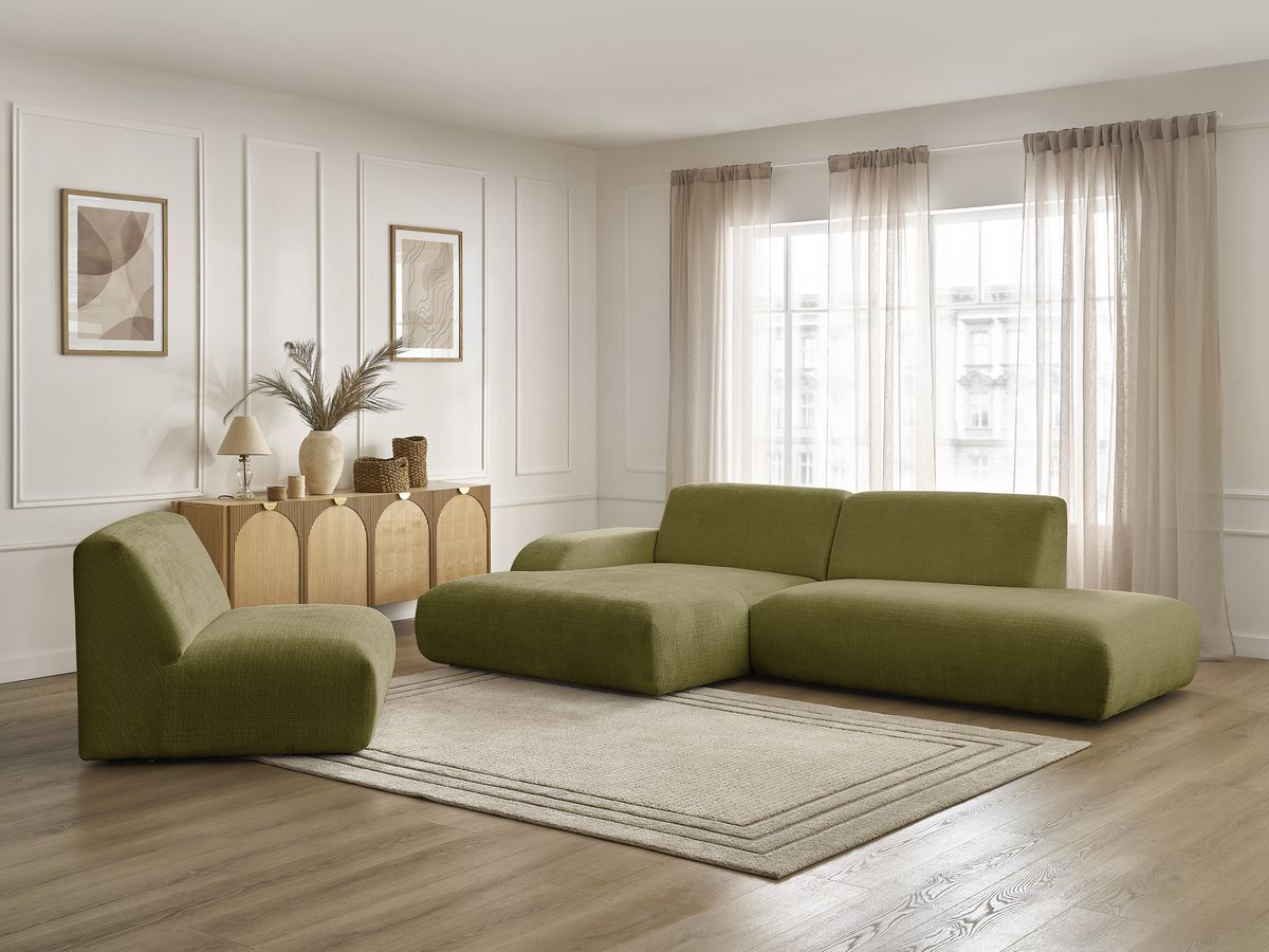 Canapé d'angle fixe modulable SIRIUS tissu texturé avec 1 chauffeuse