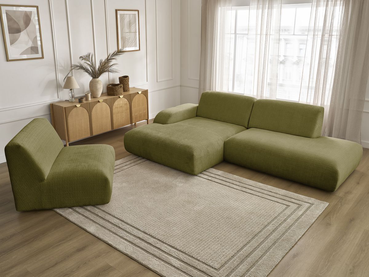 Canapé d'angle fixe modulable SIRIUS tissu texturé avec 1 chauffeuse