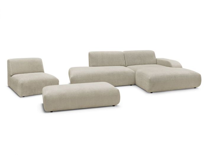 Canapé d'angle fixe modulable SIRIUS tissu texturé avec 1 chauffeuse et grand pouf