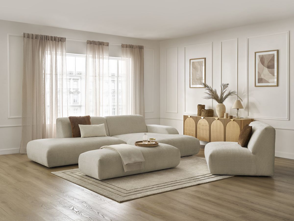 Canapé d'angle fixe modulable SIRIUS tissu texturé avec 1 chauffeuse et grand pouf