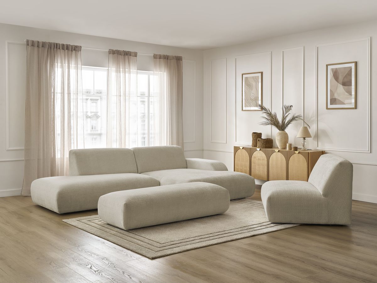 Canapé d'angle fixe modulable SIRIUS tissu texturé avec 1 chauffeuse et grand pouf