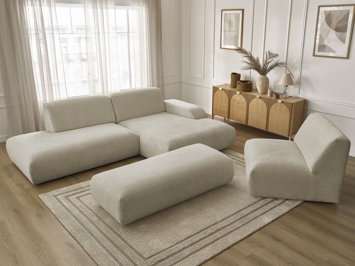 Canapé d'angle fixe modulable SIRIUS tissu texturé avec 1 chauffeuse et grand pouf