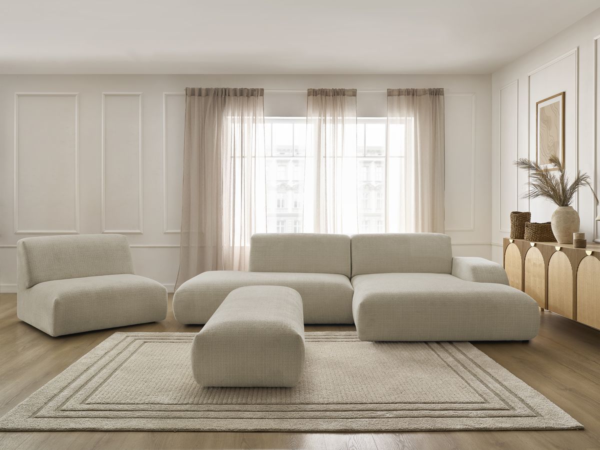 Canapé d'angle fixe modulable SIRIUS tissu texturé avec 1 chauffeuse et grand pouf