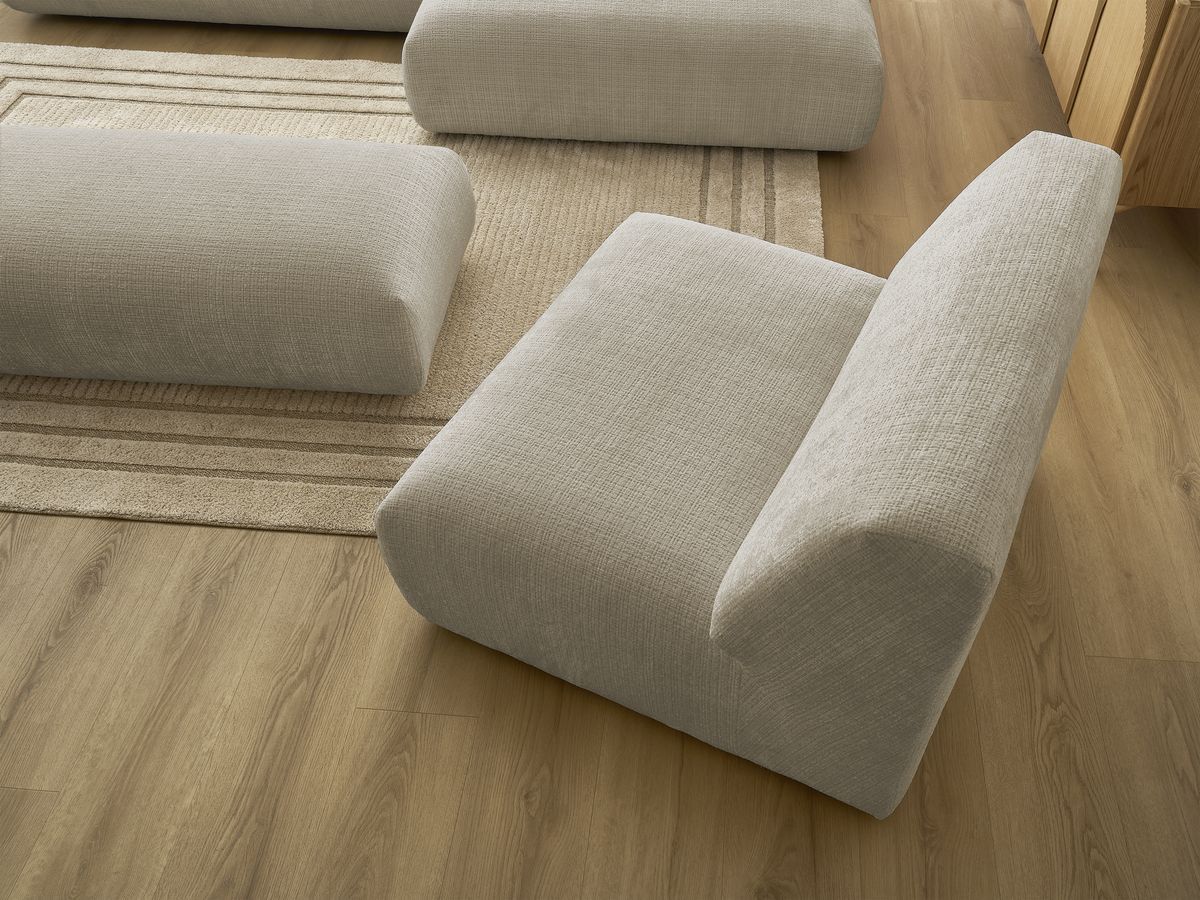 Canapé d'angle fixe modulable SIRIUS tissu texturé avec 1 chauffeuse et grand pouf