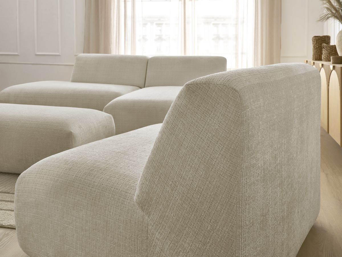 Canapé d'angle fixe modulable SIRIUS tissu texturé avec 1 chauffeuse et grand pouf