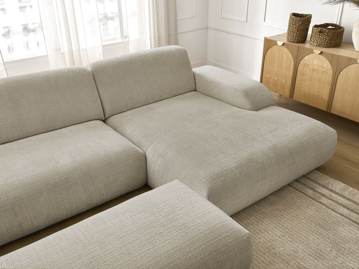Canapé d'angle fixe modulable SIRIUS tissu texturé avec 1 chauffeuse et grand pouf
