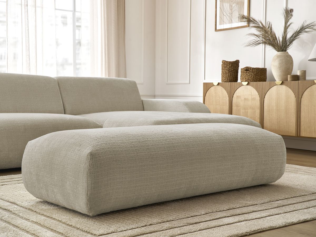 Canapé d'angle fixe modulable SIRIUS tissu texturé avec 1 chauffeuse et grand pouf