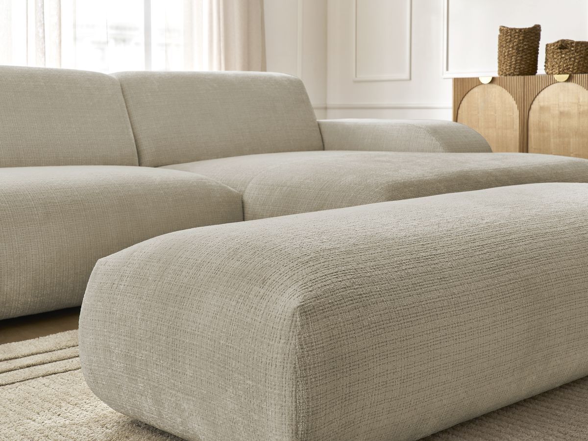 Canapé d'angle fixe modulable SIRIUS tissu texturé avec 1 chauffeuse et grand pouf