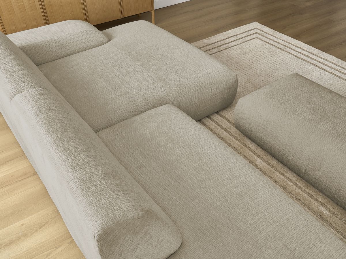 Canapé d'angle fixe modulable SIRIUS tissu texturé avec 1 chauffeuse et grand pouf