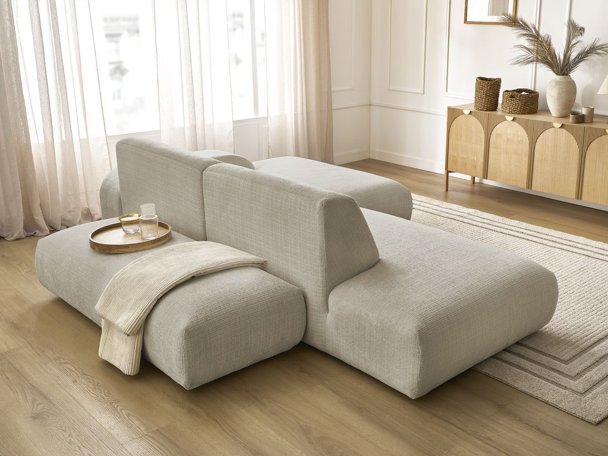 Canapé d'angle fixe modulable SIRIUS tissu texturé avec 1 chauffeuse et grand pouf