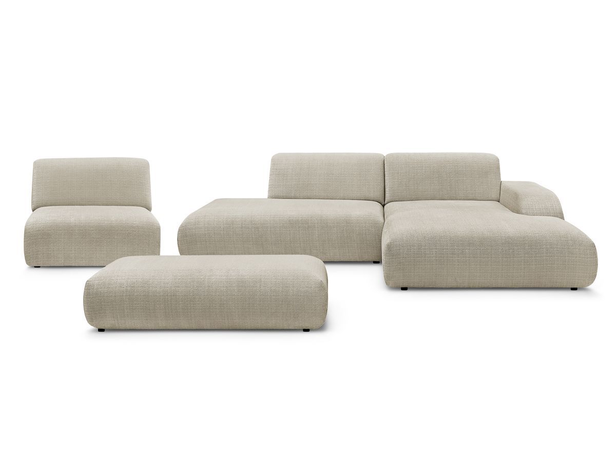 Canapé d'angle fixe modulable SIRIUS tissu texturé avec 1 chauffeuse et grand pouf