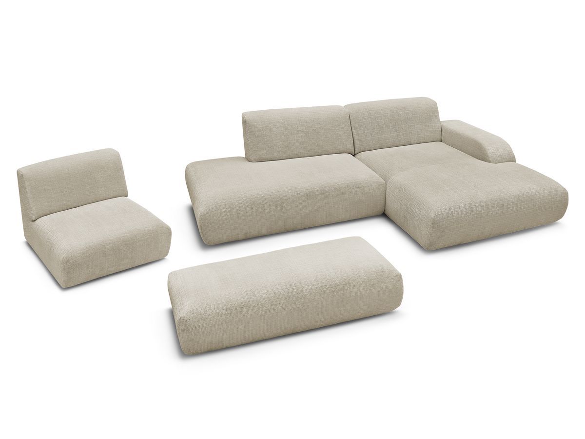 Canapé d'angle fixe modulable SIRIUS tissu texturé avec 1 chauffeuse et grand pouf