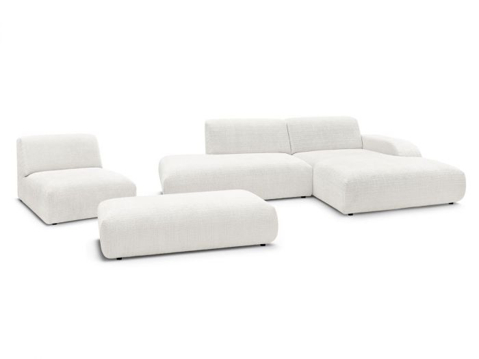 Canapé d'angle fixe modulable SIRIUS tissu texturé avec 1 chauffeuse et grand pouf
